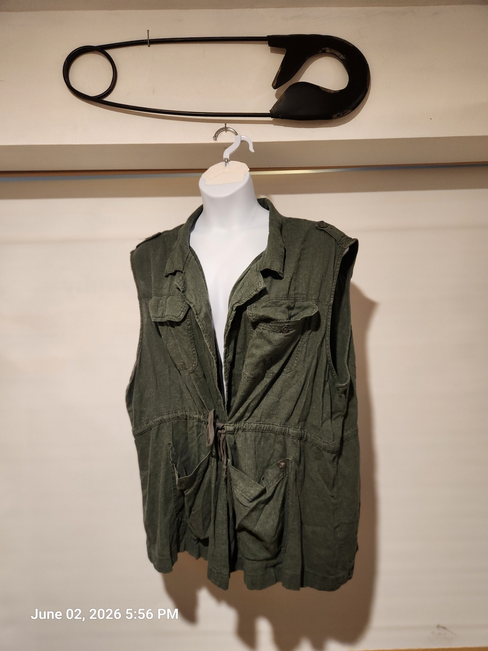 Olive Green Women's Utility Vest with Drawstring Waist